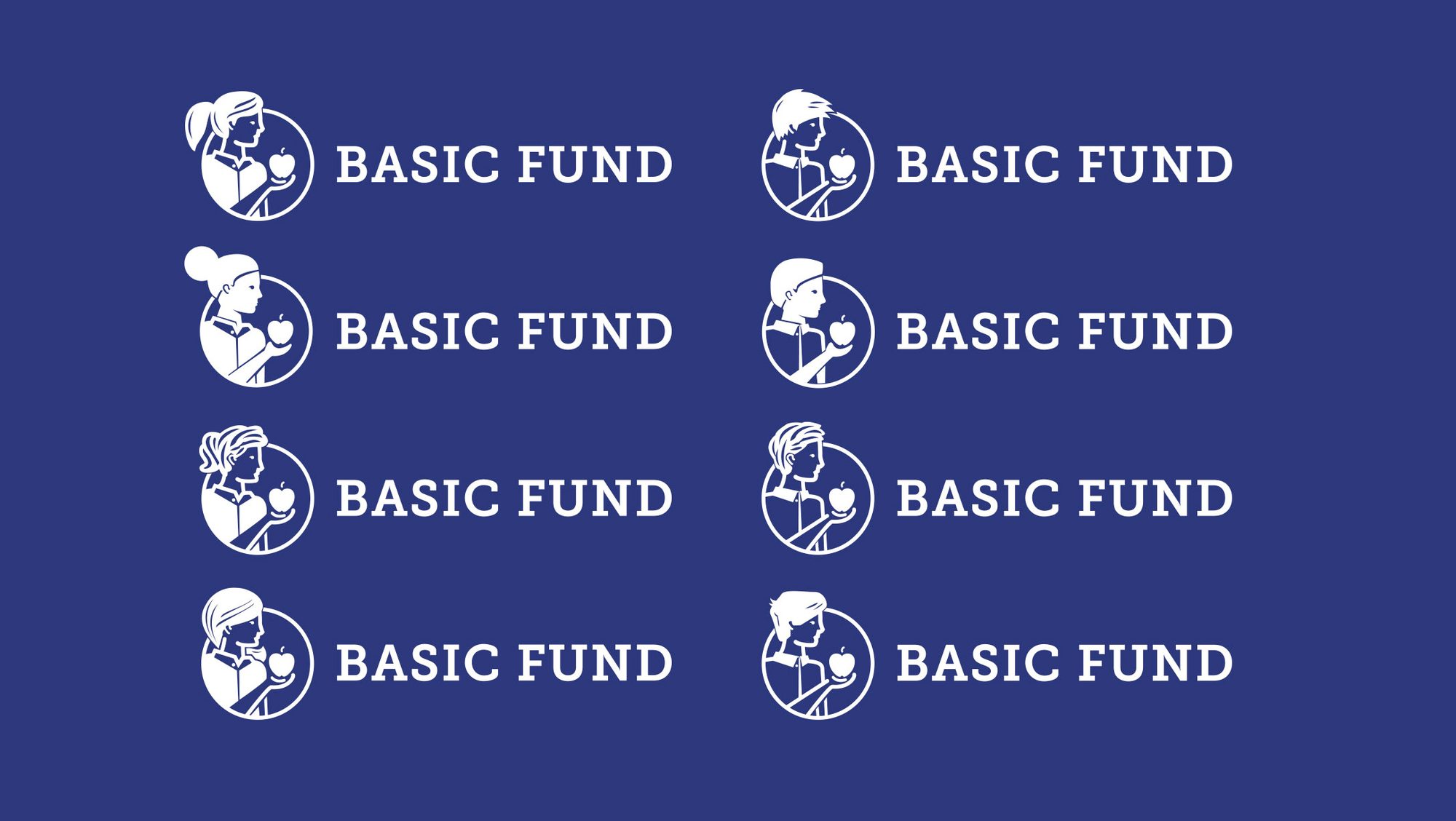 Eight horizontal Basic Fund lockups, white on blue