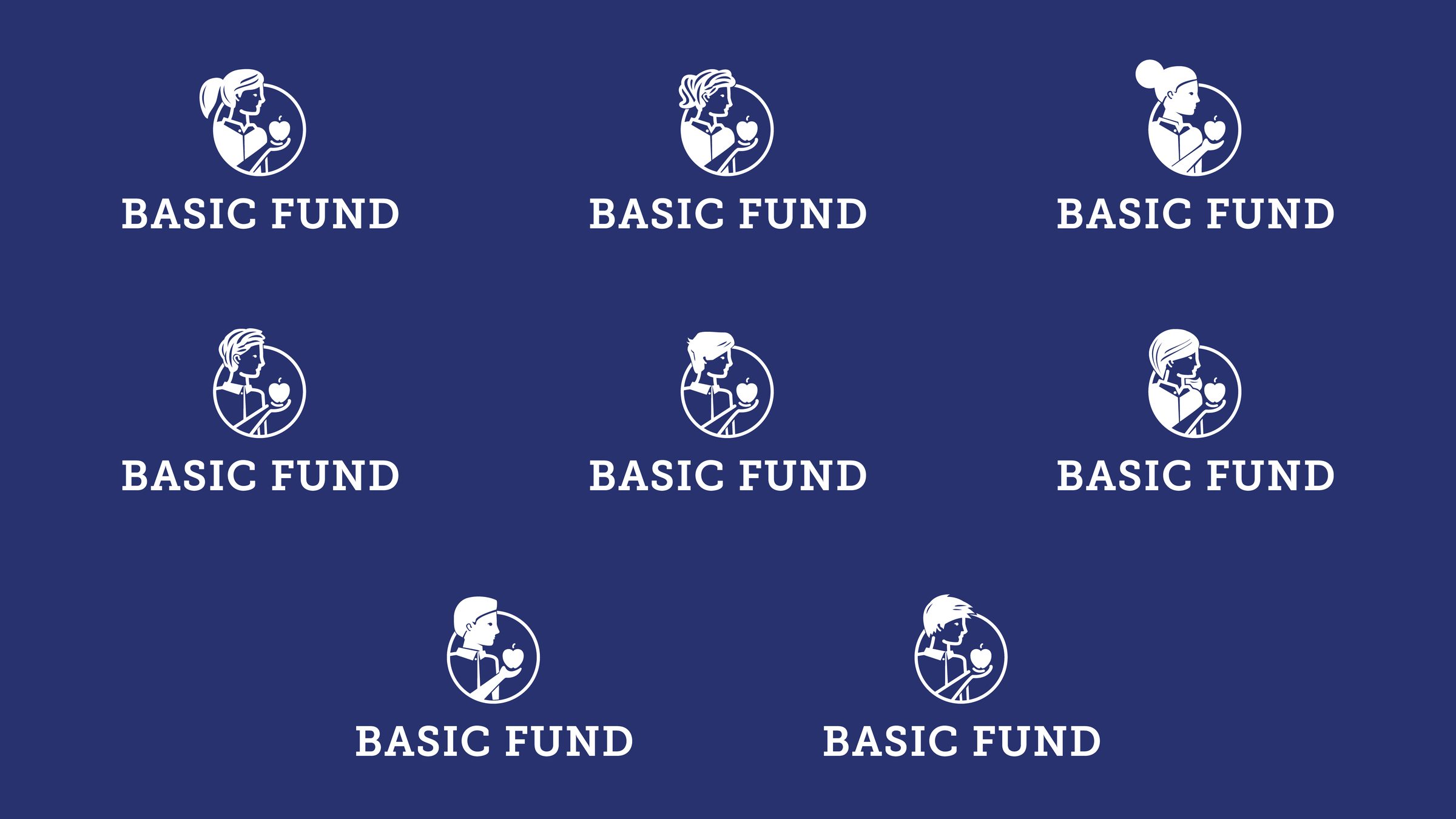 The eight Basic Fund logos on a blue field