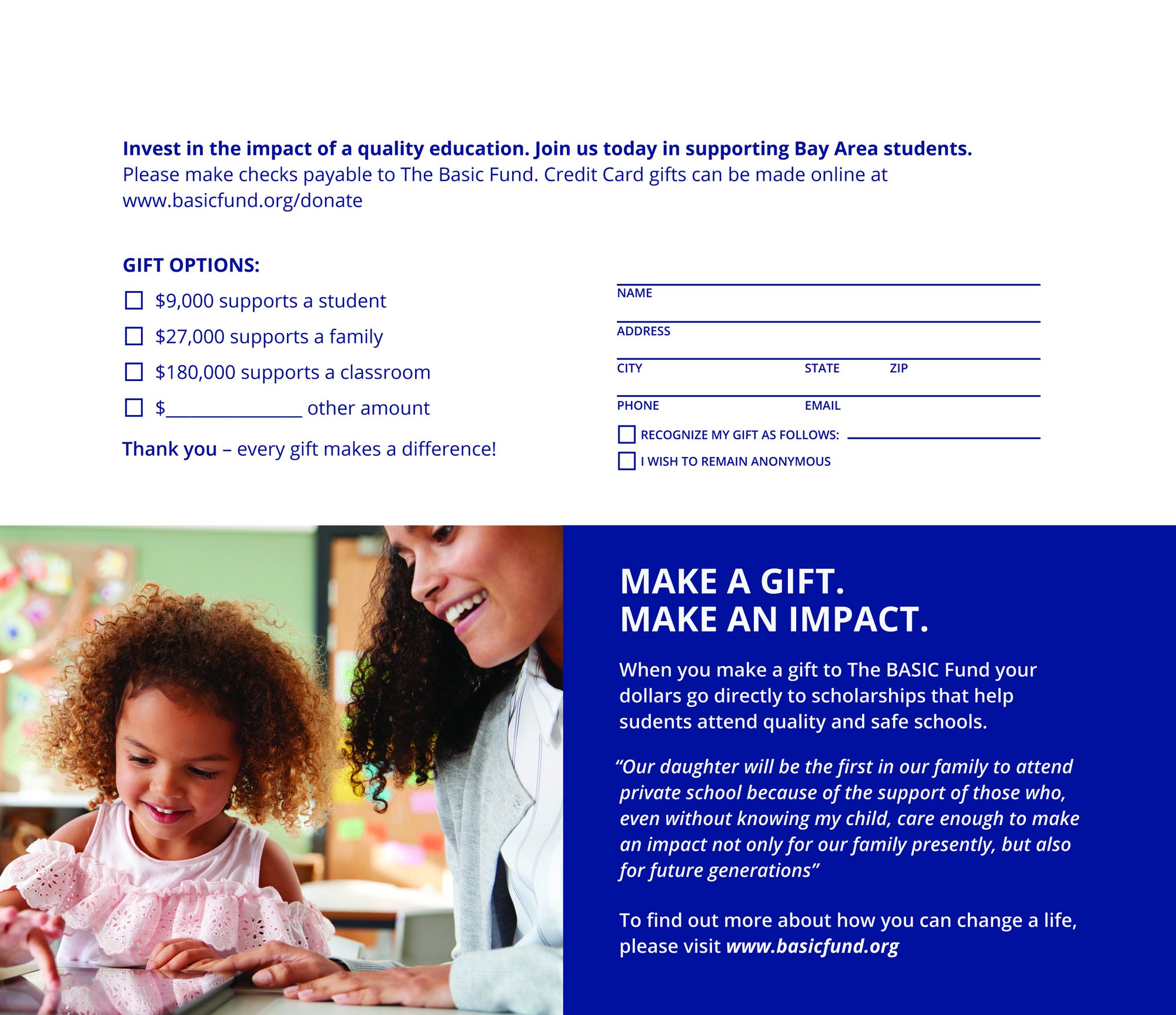 Basic Fund donor mailer with gift options and reply form