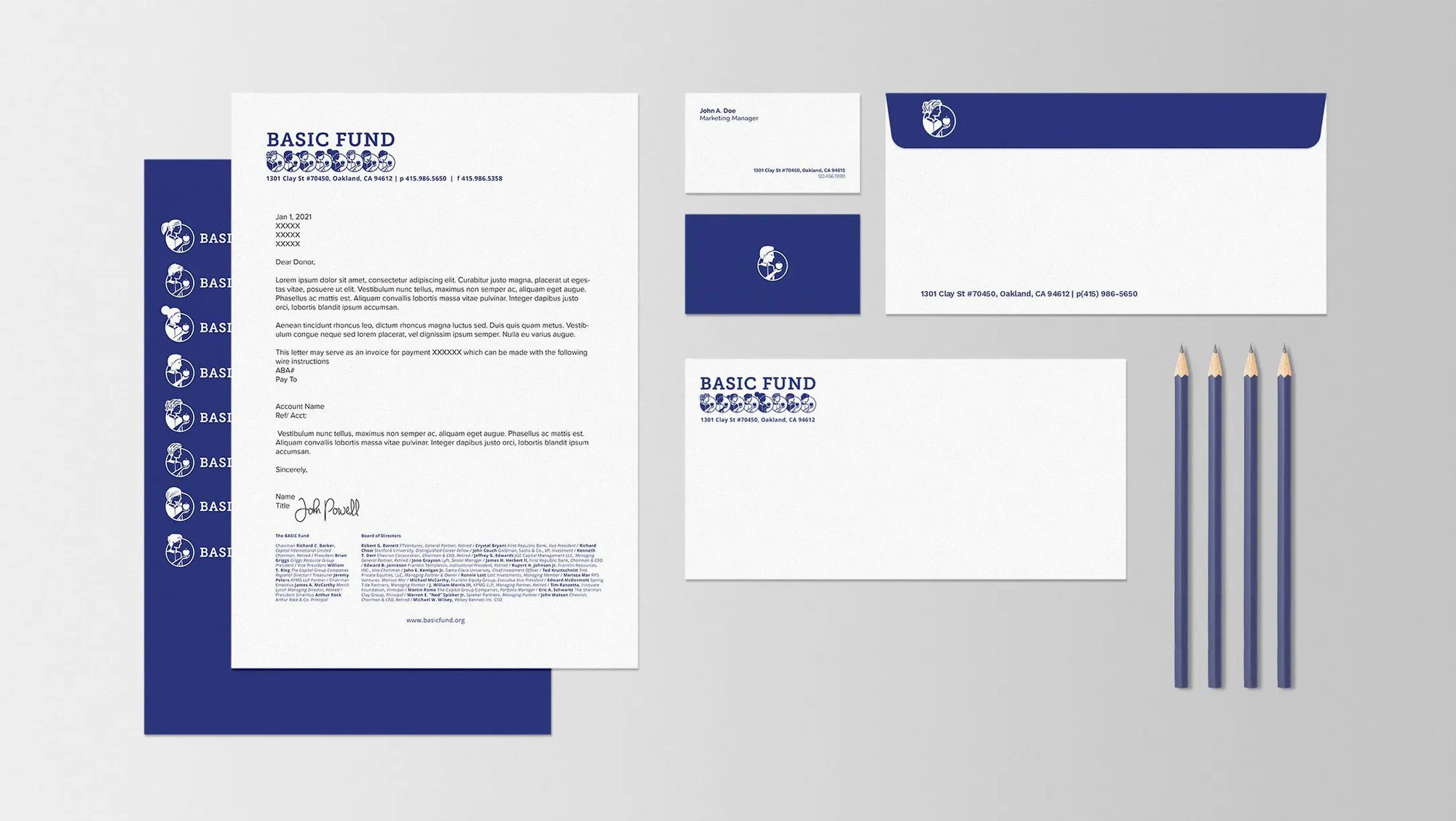Basic Fund letterhead, envelope, business cards and notecard laid flat