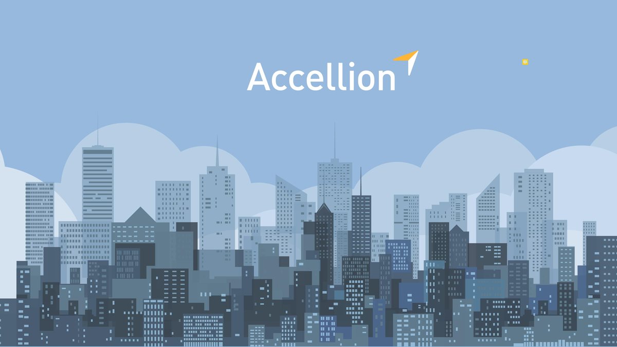 Storyboard frame: the Accellion mark over the skyline