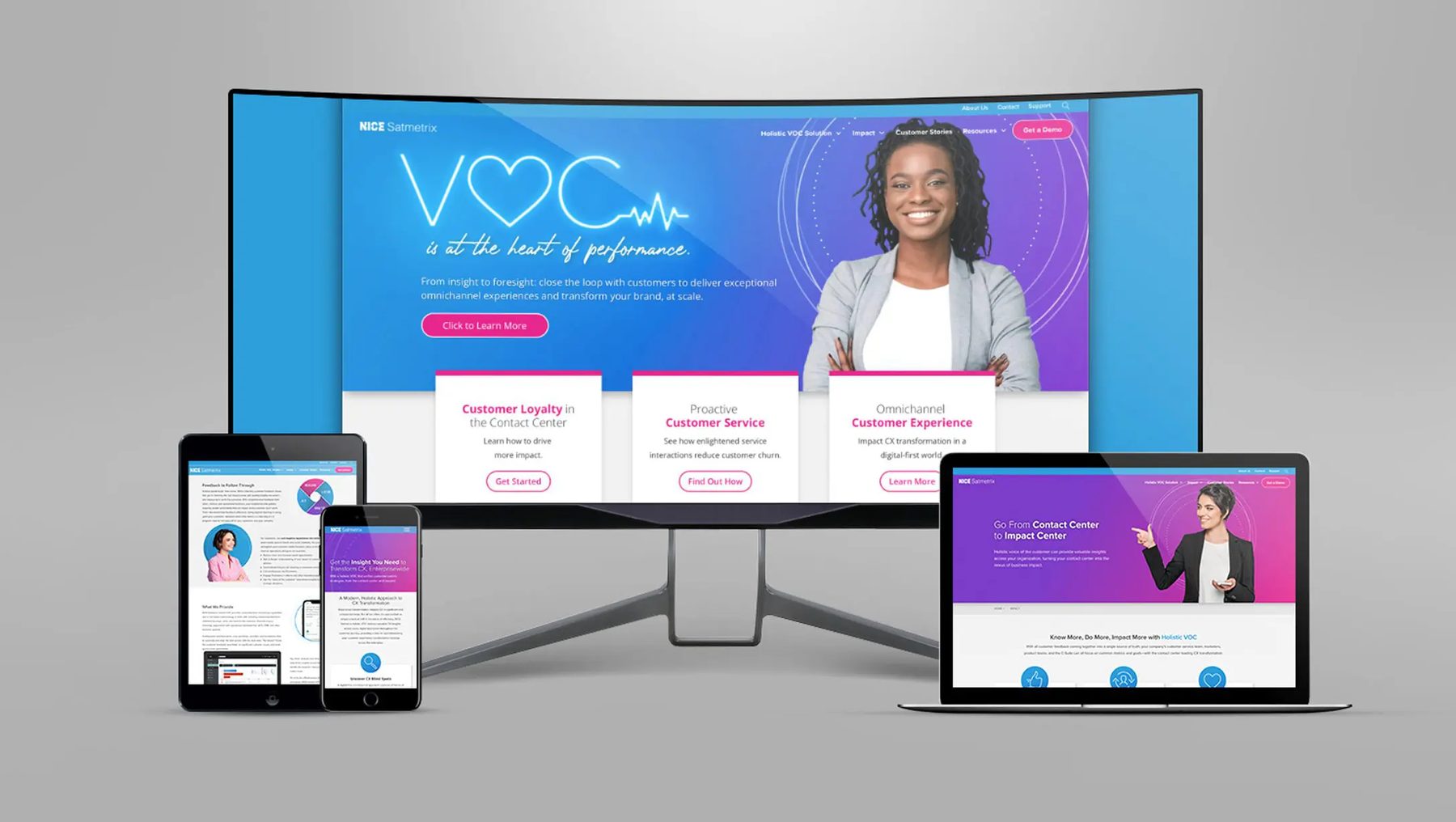 The NICE Satmetrix website on desktop, laptop, tablet and phone