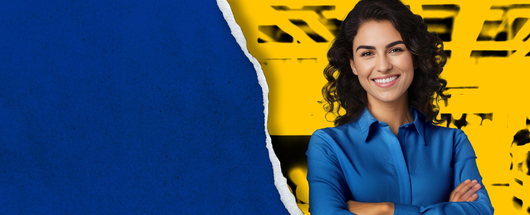 Homepage banner: torn yellow over blue