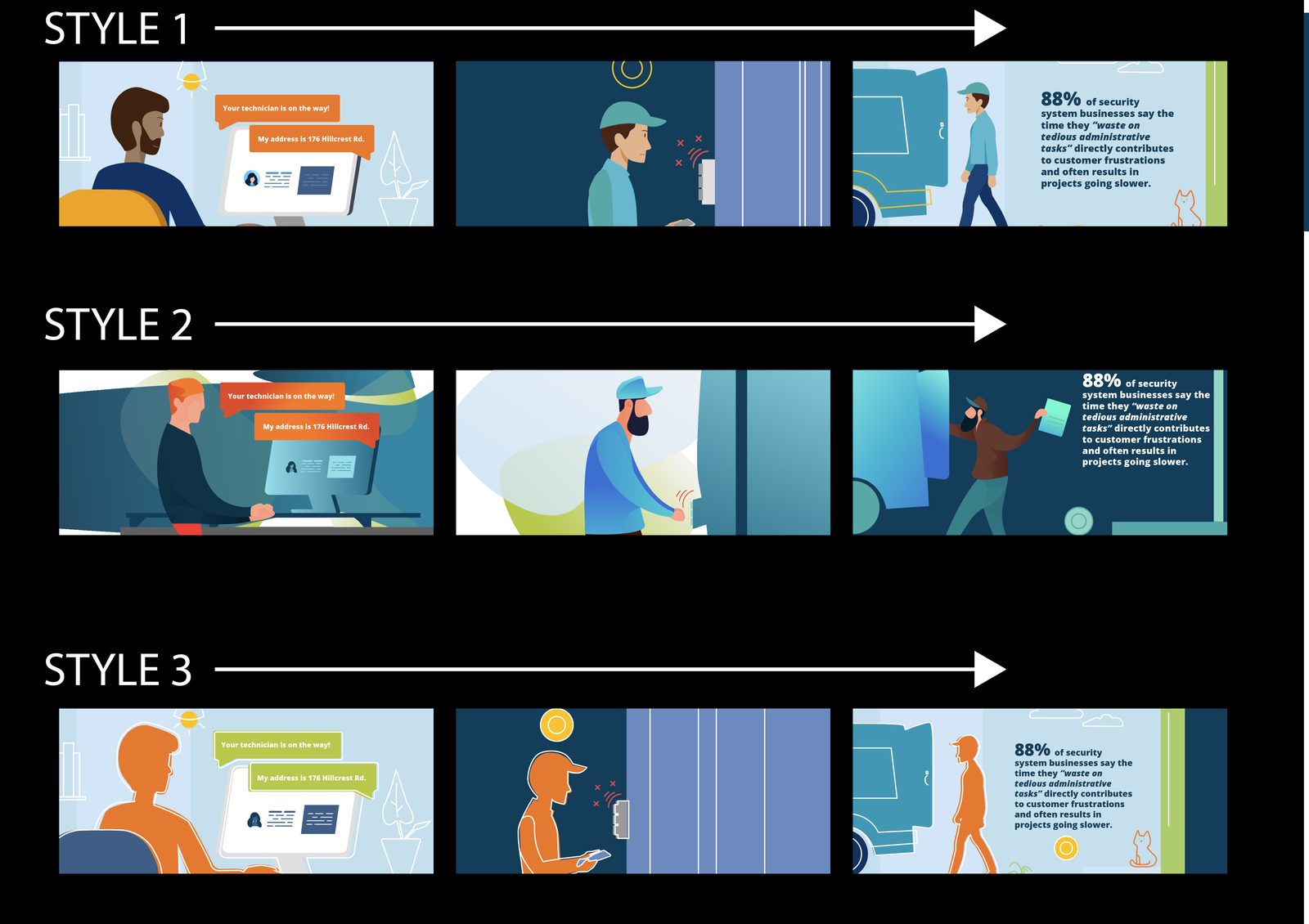 Three illustration styles, side by side
